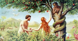 Dipiction of Eve showing Adam the forbidden fruit by a tree with the serpent wrapped around the trunk
