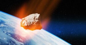 3d rendering of asteroid entering earths atmosphere