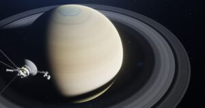 Voyager 1 Space Probe Approaching Planet Saturn 3D Rendering