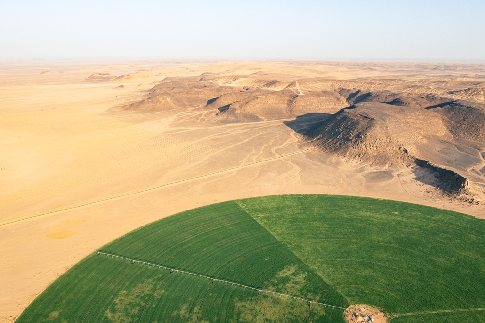 Irrigation systems create green circular fields in the dry Arabian desert