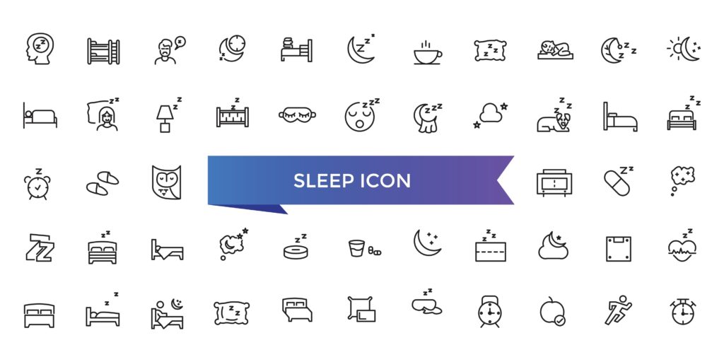 Sleep icon collection. Related to sleeping, bedroom, dream, pillow, bed, alarm clock, insomnia, night, rest and sleep disorders icons. Line icon set.
