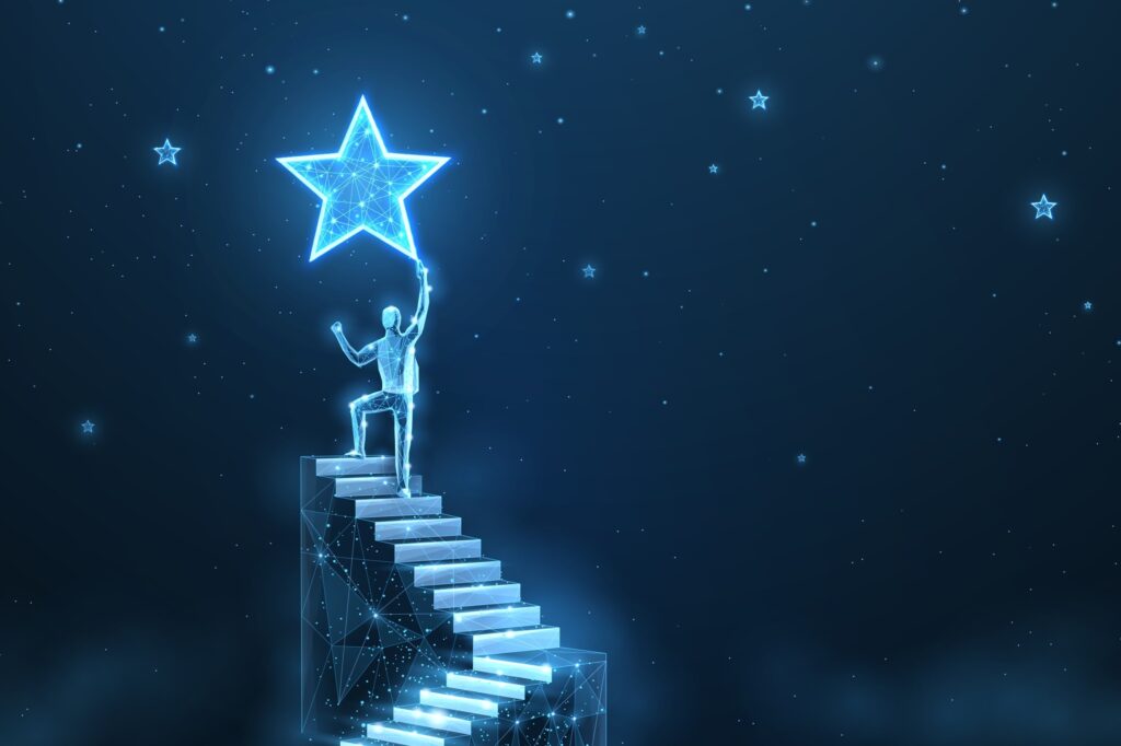 Man on the top of stair and star. Achieve career growth, Reach goal, Success ladder, Business opportunity, Leader businessman, Catch chance, Job opportunity, Achieve target, dream concept
