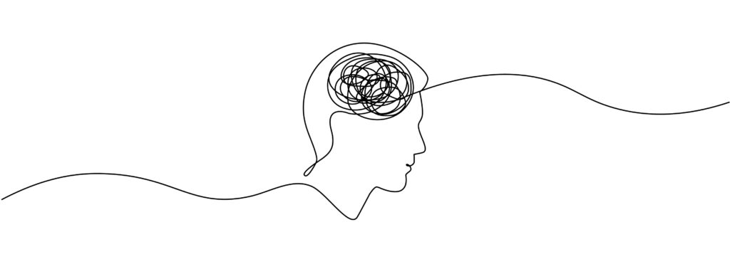 Continuous single line drawing of a person with confused thoughts. Concept of mental health problems, stress, grief, headache in simple linear style. Vector editable illustration
