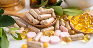 various capsules, tablets, soft gel supplements. Dietary supplement concept