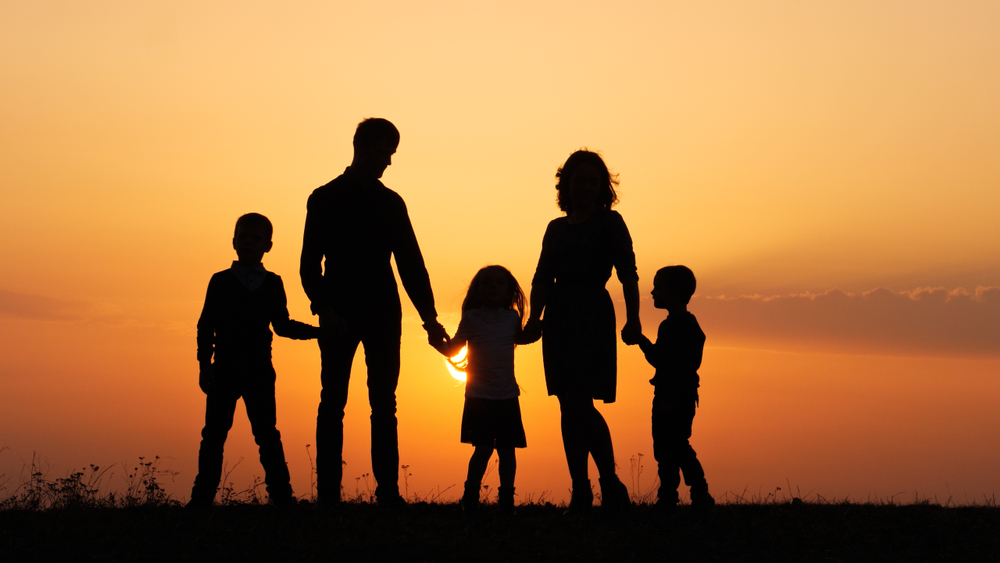 Silhouettes of happy family holding the hands in the meadow during sunset.
