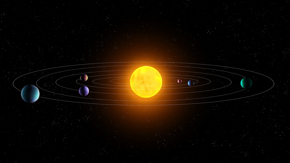 Star system model. Planets in orbit around the sun. Solar system consisting of six planets on a black background.
