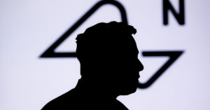 silouhette of Elon Musk with Neuralink logo in background