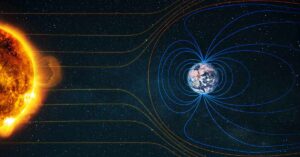 Scientists Discover Growing 'Weak Spot' in Earth's Magnetic Field with Potential Impacts illustration of sun and earth demonstrating earth's magnetic field