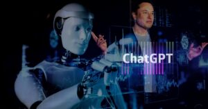 Human robot adjusting screans with AI artificial inteligence logo. Photo of robot and Elon Musk in background Open AI and CHAT GPT logos on virtual screen.