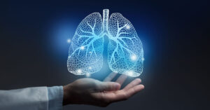 First-Ever Lung Cancer Vaccine Undergoing Clinical Trial Stage in Multiple Countries Medical banner with lungs illustration on blue background with large copy space for text or checklist.