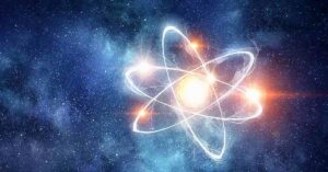 illustration of an atom in space. Nuclear science concept