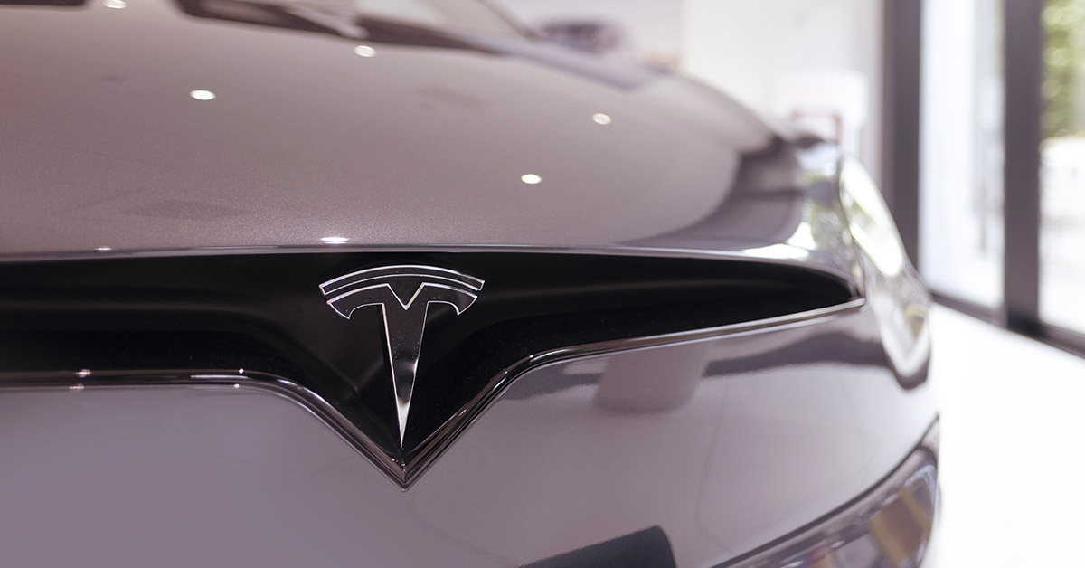 Tesla logo on front of EV