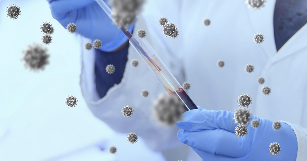 Covid-19 cells over doctor taking sample and wearing medical gloves in lab. Medical staff during Covid-19 coronavirus pandemic concept