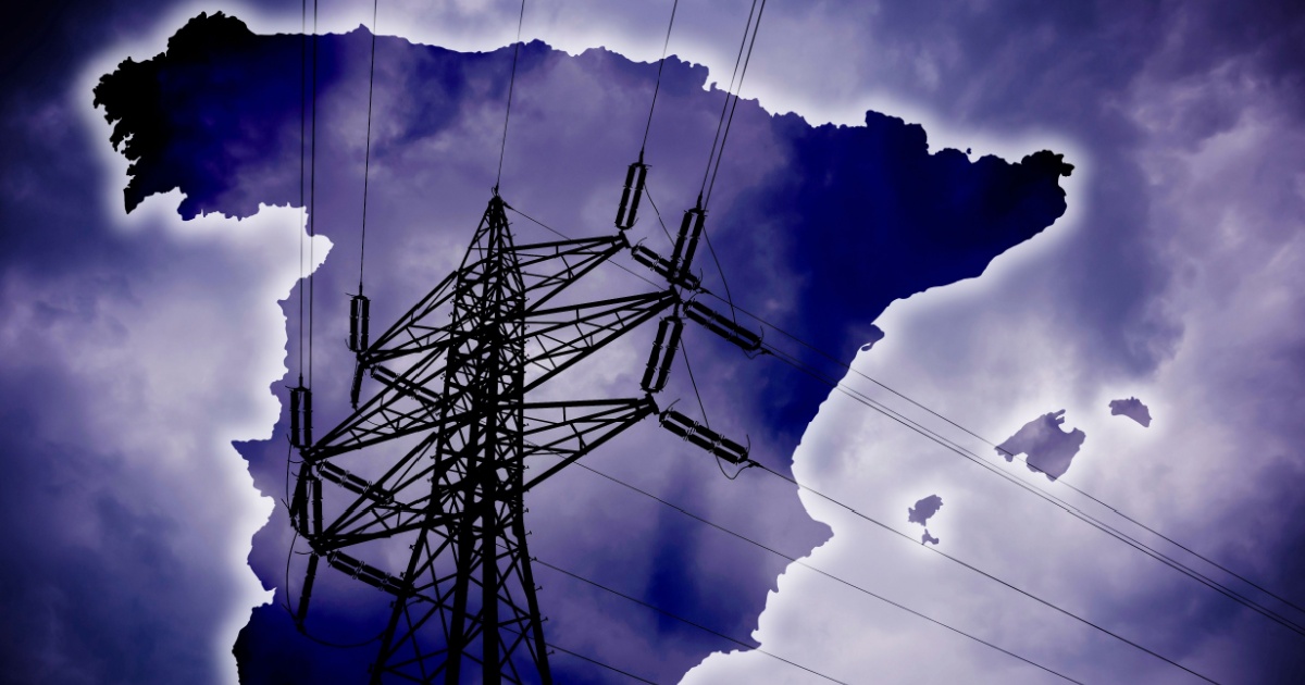 Spanish map, dramatic stormy clouds with electrical wiring, blackout in Spain
