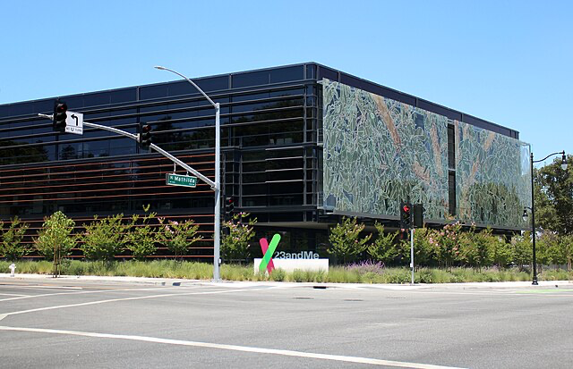 The 23andMe headquarters building in Sunnyvale, California, with company logo visible. The genetic testing company has filed for bankruptcy, putting customer data at risk.
