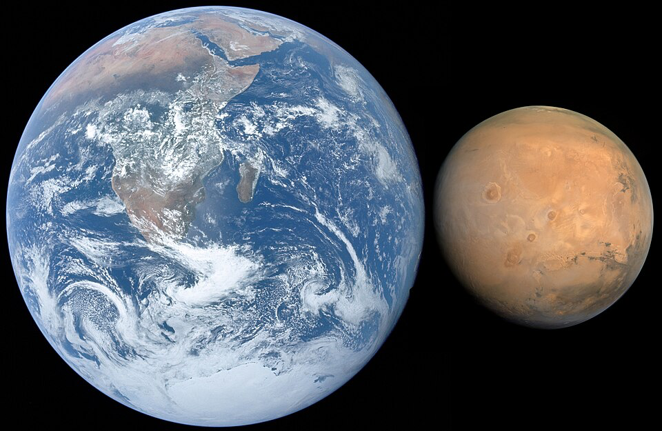 ize comparison showing Earth and Mars side by side against the black backdrop of space. Earth appears significantly larger with its vibrant blue oceans, swirling white clouds, and green-brown landmasses, a planet teeming with life. In stark contrast, Mars appears smaller and barren with its uniform rusty-red surface and visible craters. This visual comparison powerfully illustrates what's at stake in Brandenburg's warning: the possibility that Earth could one day share the same desolate fate as our planetary neighbor.