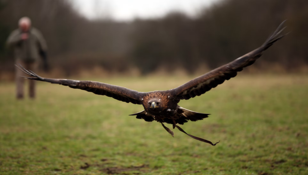 Majestic bird of prey in mid-flight over a grassy field, approaching with talons extended while flying toward its handler