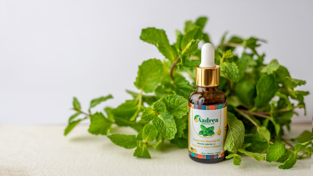 Peppermint Essential Oil Bottle with Mint Leaves