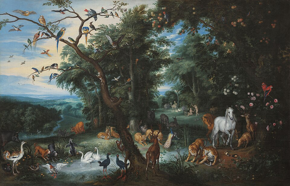 An artistic depiction of paradise with lush vegetation and peaceful animals coexisting, reminiscent of biblical descriptions of the Garden of Eden. This painting by Jan Brueghel the Elder (1568-1625) represents the idealized vision of Eden before Adam and Eve's expulsion, with abundant plant life and harmonious animal kingdom.