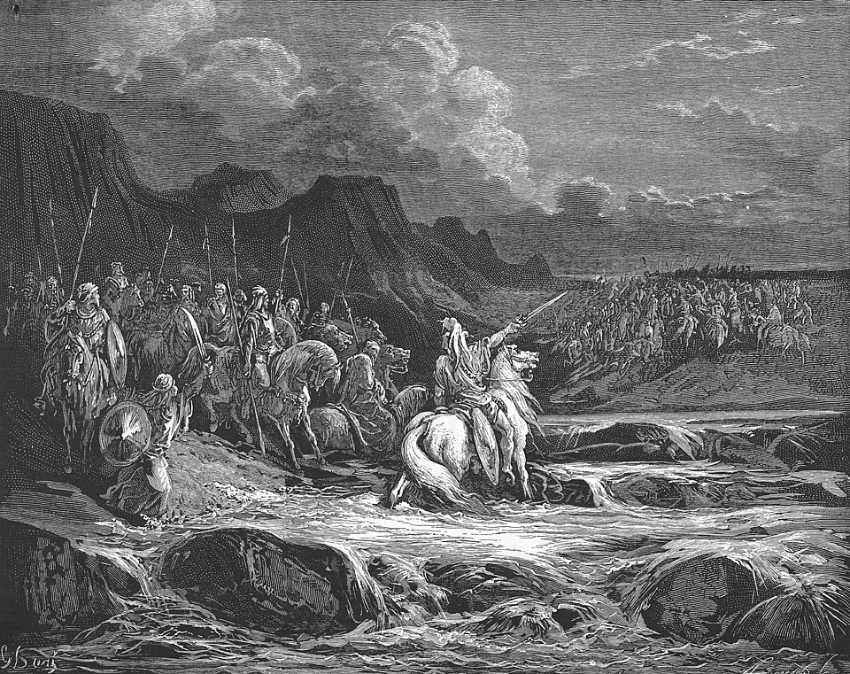 Historical drawing depicting warriors crossing water during a military campaign, representing the military exploits of ancient kings like Jehu or other rulers mentioned in scripture whose conquests are confirmed in archaeological records.