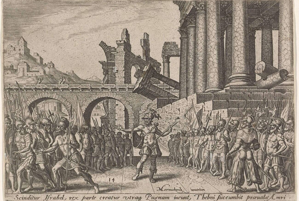 Detailed historical illustration showing armed soldiers gathered among ancient ruins, possibly representing conflicts like those led by Judas Maccabeus or other military leaders whose campaigns have been verified by historical documents.