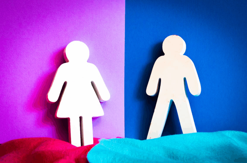 Male and female bathroom symbols represented by white cutout figures on contrasting purple and blue backgrounds, illustrating the concept of biological sex in the legal definition of a woman.