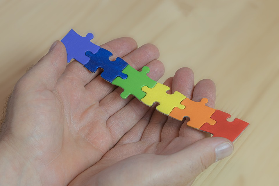 A hand holding a row of connected puzzle pieces in rainbow colors (blue, green, yellow, orange, and red) against a light wooden surface, symbolizing diversity and the complexity of identity issues.