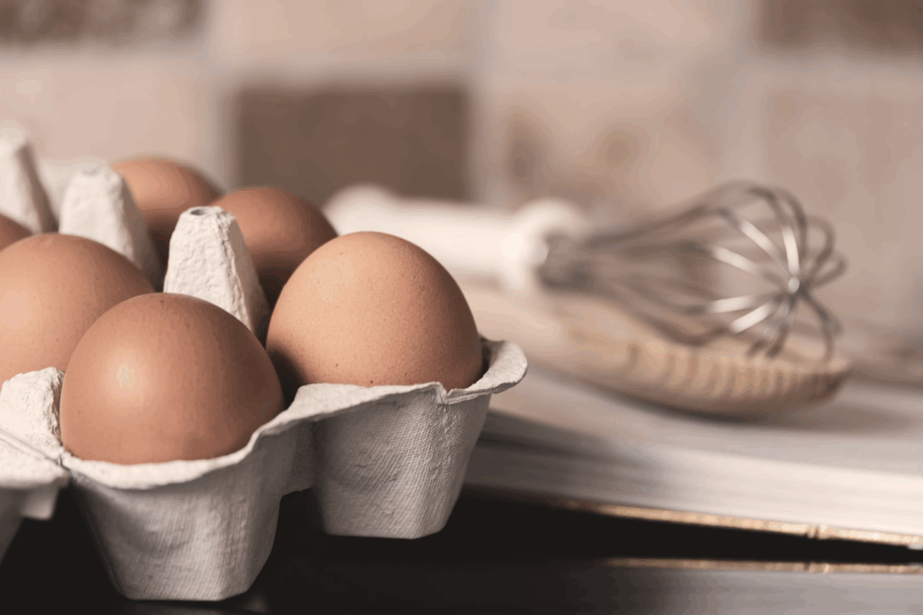 Brown eggs in a carton with a wire whisk in the background, representing protein-rich foods recommended for maintaining muscle mass while using Ozempic.