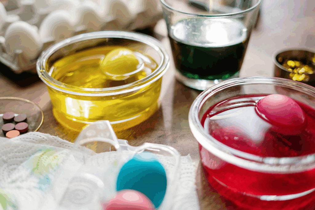 Eggs Dip in Clear Glass With Yellow Red and Green Liquid