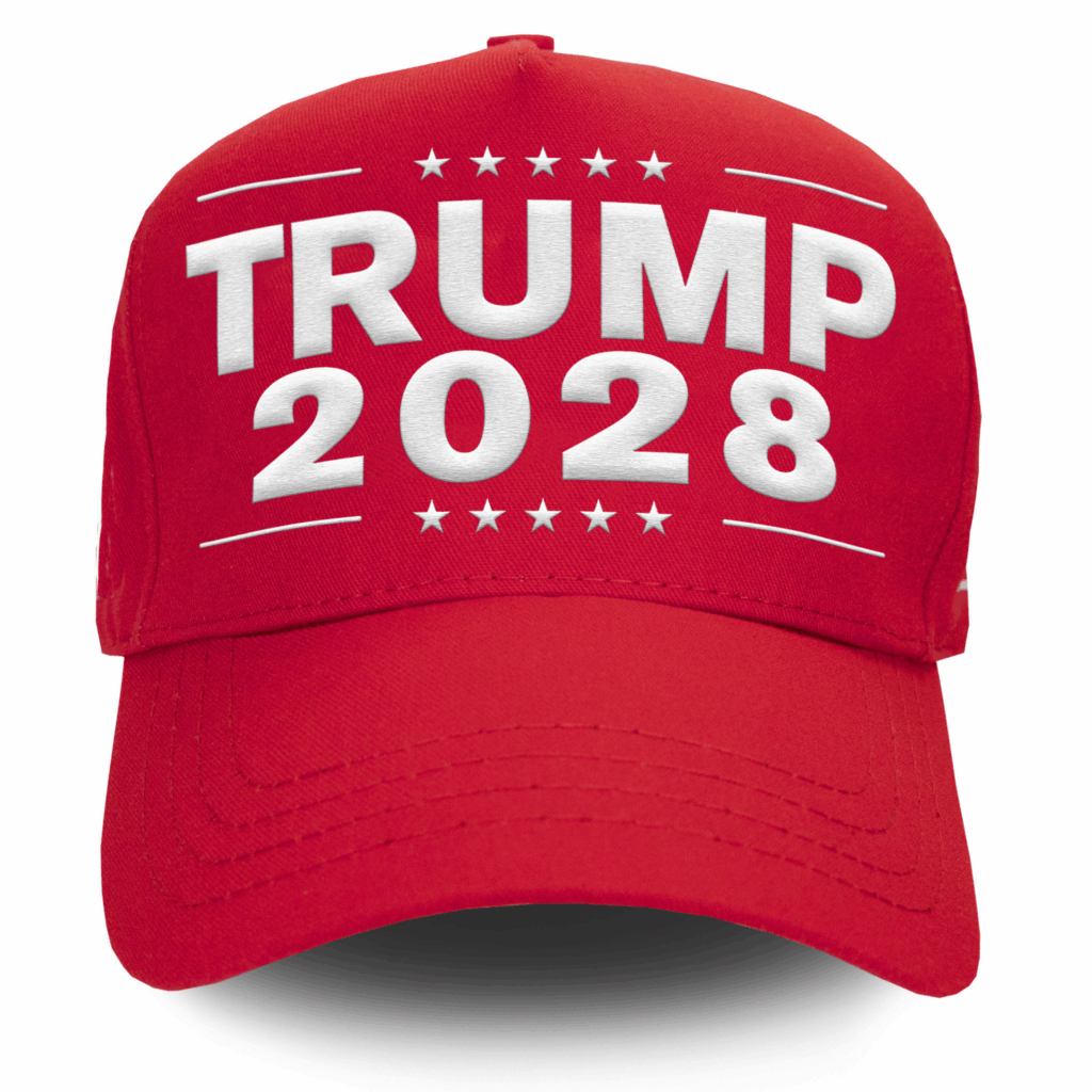Product shot of a Red ball cap with TRUMP 2028 on the front.