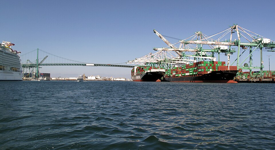 Shipping containers and cargo vessels at the Port of Los Angeles, one of the state's vital gateways for international trade and commerce