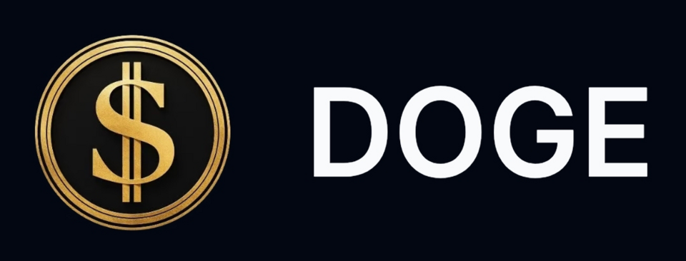 The DOGE (Department of Government Efficiency) logo featuring a gold dollar sign symbol on a black circular background next to the white letters "DOGE" on a black background.