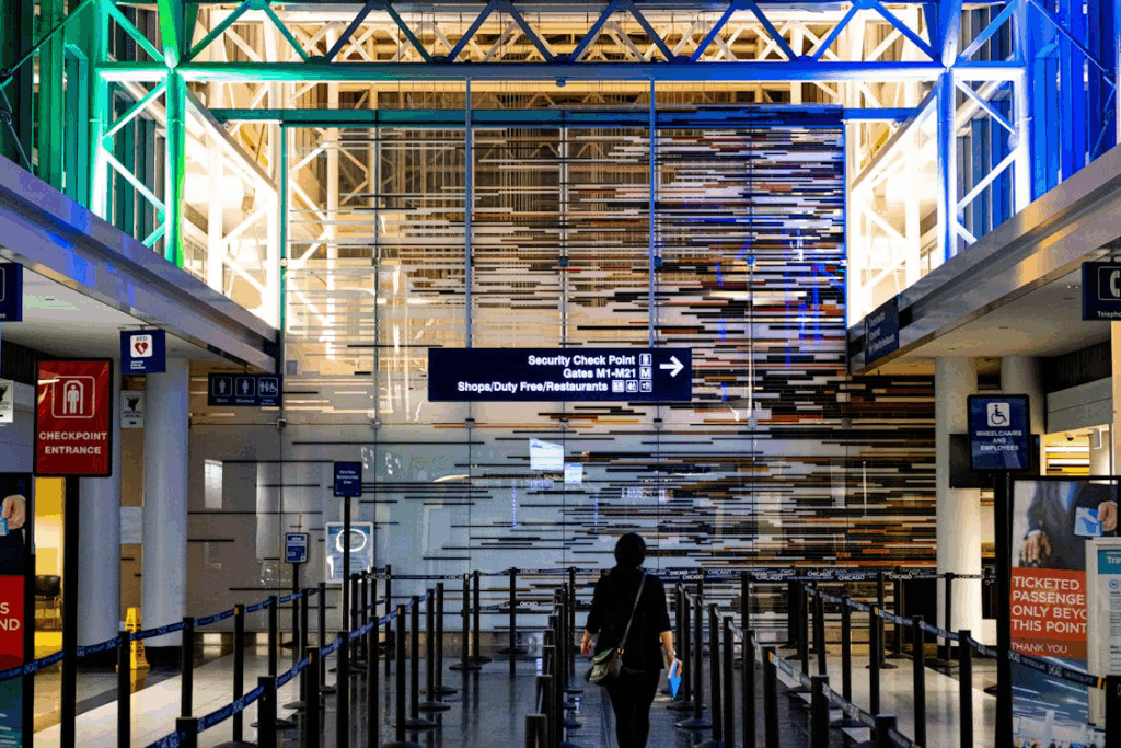 Modern airport security checkpoint with illuminated structural elements and directional signs pointing to security areas where Real ID will be required after the deadline.