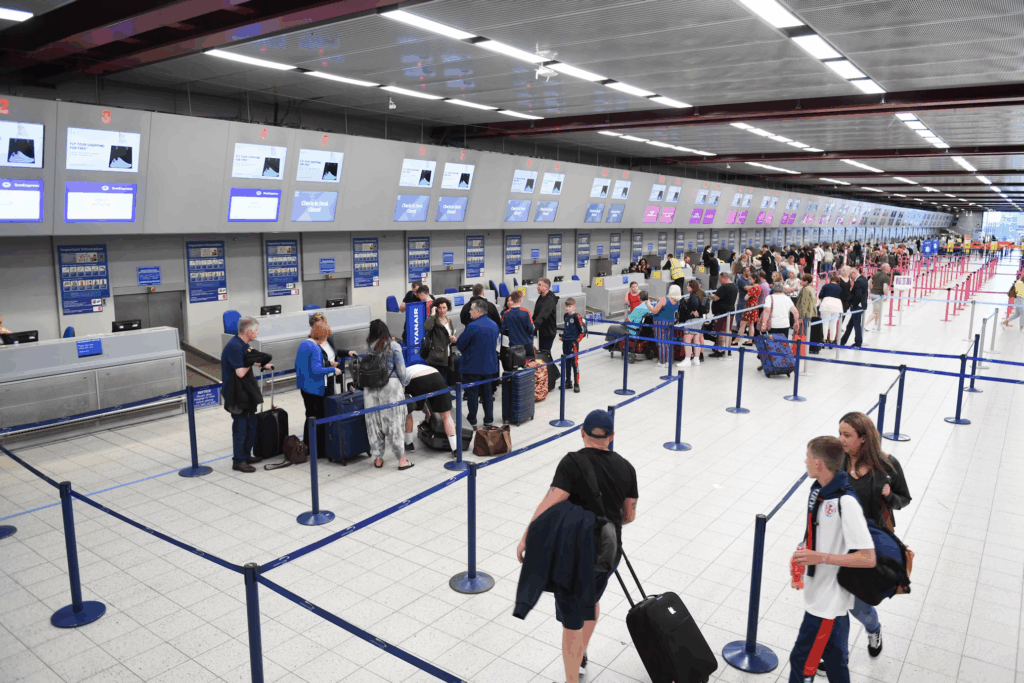 Busy airport check-in area with multiple service counters and passengers waiting in queued lines with luggage, where travelers will need Real ID-compliant identification after May 7.
