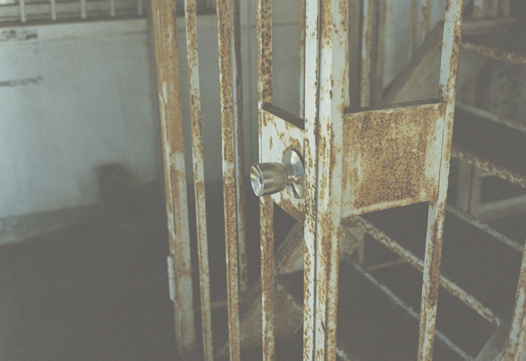 Rusty prison cell door with metal bars and locking mechanism, symbolizing the potential incarceration that Van der Post faces for her actions. The weathered, deteriorating condition of the cell door reflects her description of Egyptian jail conditions as 'horrific' with stone floors and crowded conditions, underscoring the serious consequences she may face for confronting the animal handler.