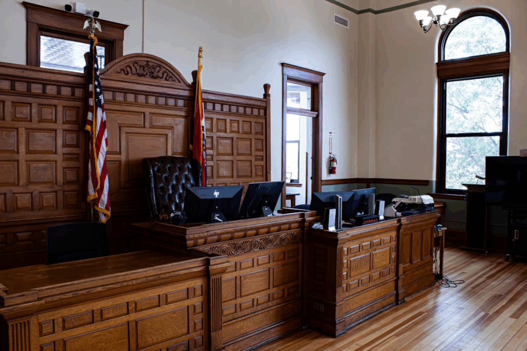 Interior of a courtroom with wooden judge's bench, witness stand, and American flag, showing where legal battles against powerful figures take place.