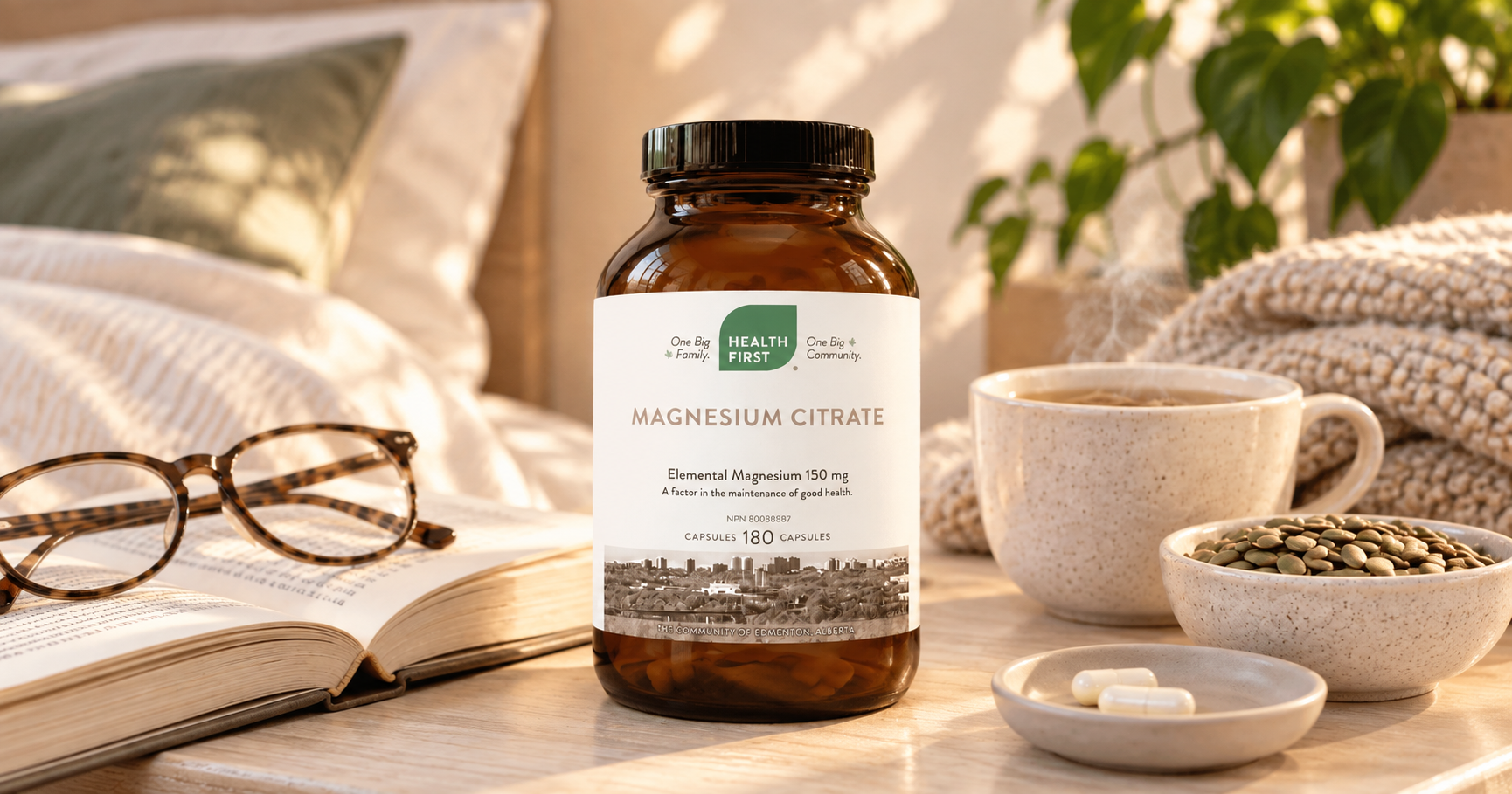 Health First Magnesium Citrate supplement bottle on a bedside table with tea, pumpkin seeds, capsules and an open book.