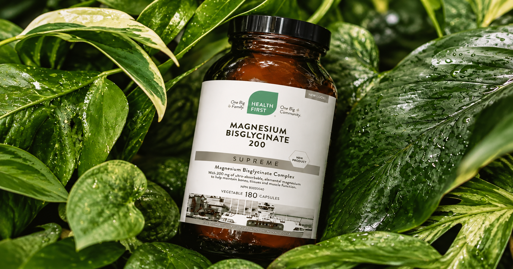 Health First Magnesium Bisglycinate 200 supplement bottle surrounded by green leaves.