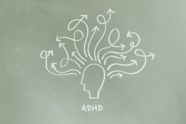 ADHD illustration, arrows of thought extending from head