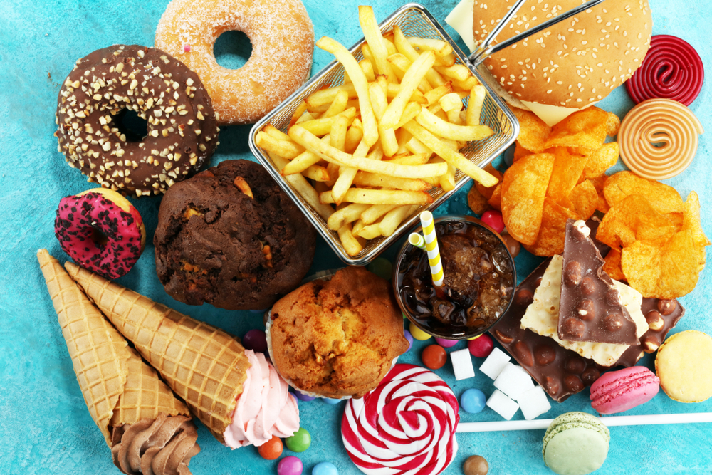 Unhealthy products. food bad for figure, skin, heart and teeth. Assortment of fast carbohydrates food.