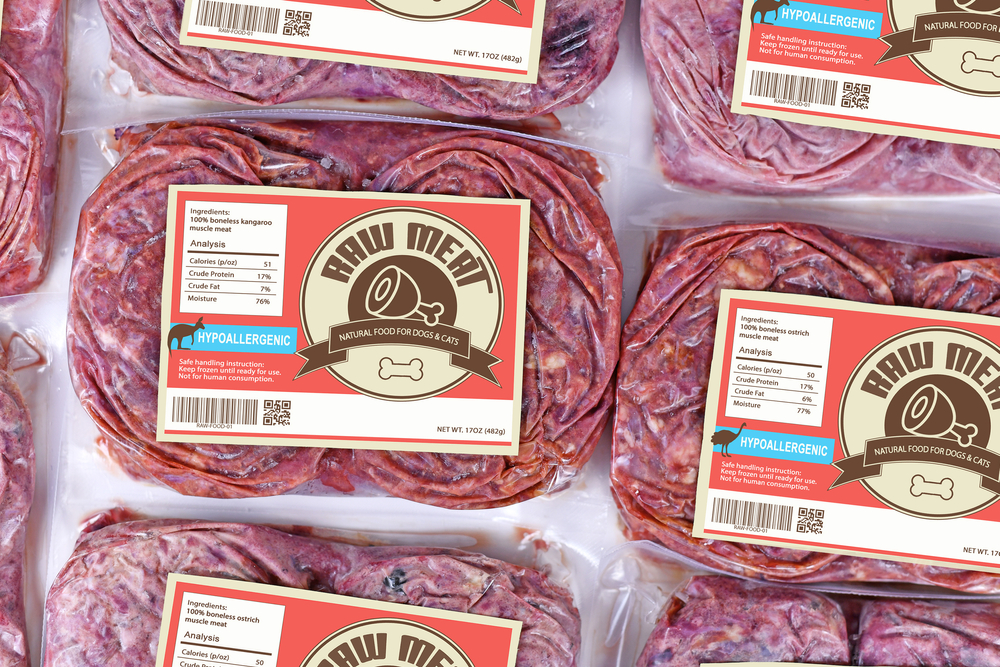 Hypoallergenic biologically appropriate raw kangaroo and ostrich meat for dogs or cats with food allergies in packaging with made up label