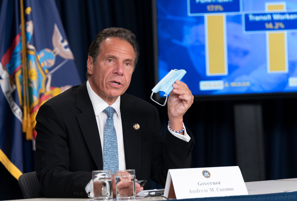 New York, NY - July 23, 2020: NYS Governor Andrew Cuomo conducts press briefing and makes presentation at 3rd Avenue office in Manhattan
