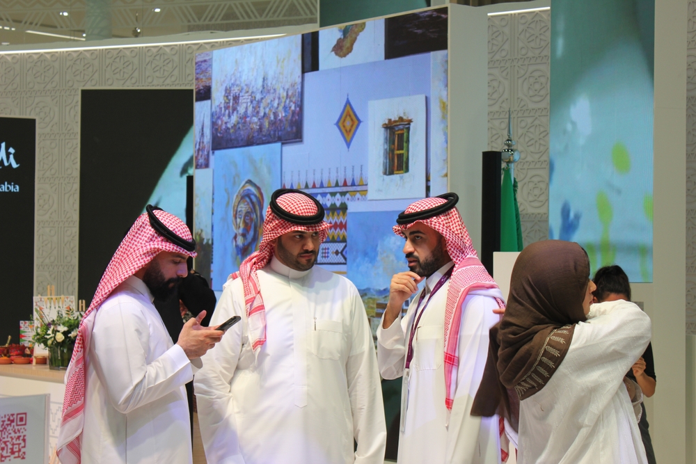 Dubai, United Arab Emirates - May 9, 2022: Official Saudi Arabia tourism exhibitor pavilion at 'Arabian Travel Market 2022' tradeshow at Dubai World Trade Centre. The Gulf nation is promoting tourism.