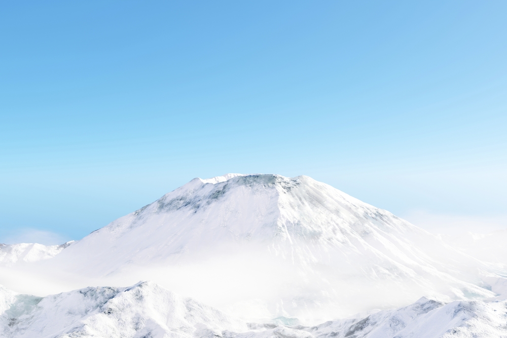 Abstact 3d render winter scene and Natural podium background, snow field with The fog covered ice snow mountain backdrop clear sky for product display advertising or etc