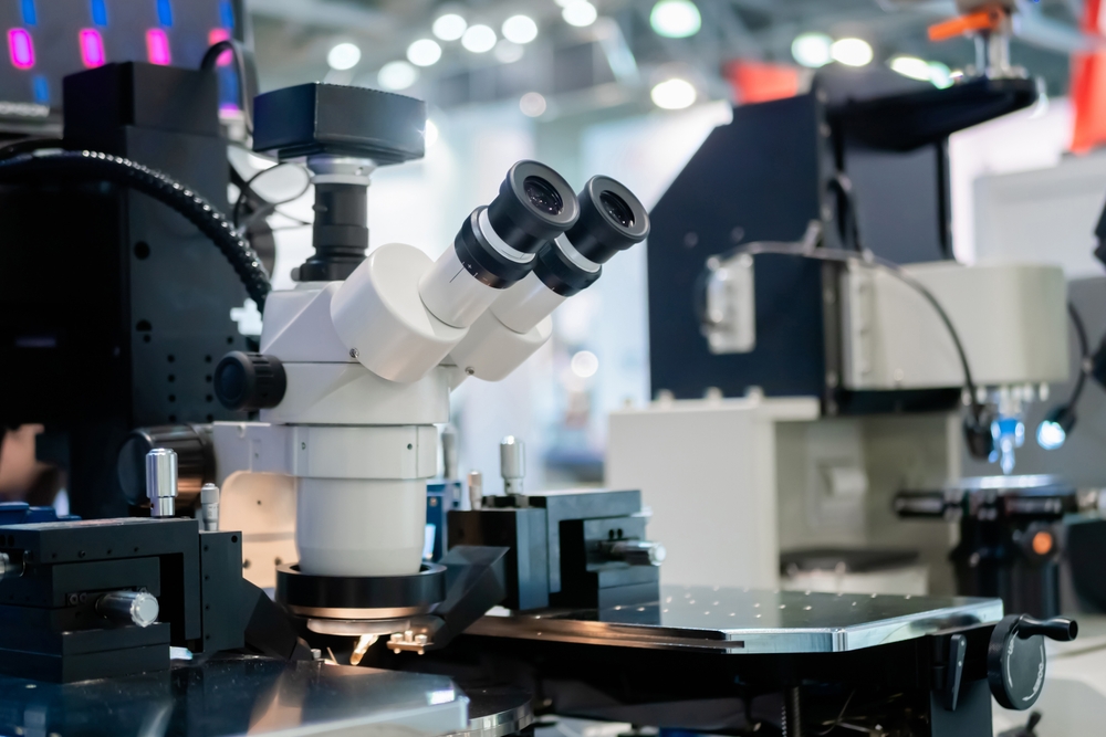 Professional medical microscope in science lab, exhibition. Medicine, technology, laboratory concept