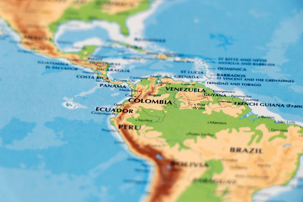 world map of south american countries and colombia, venezuela, ecuador, panama in close up focus