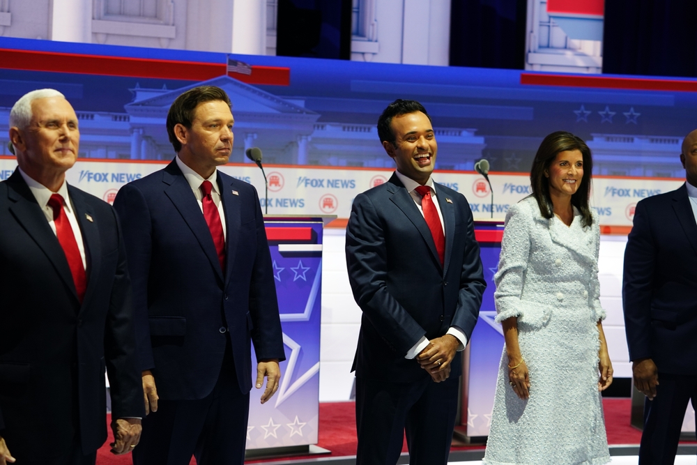 Milwaukee, Wisconsin USA - August 23rd, 2023: Vivek Ramaswamy, Ron DeSantis, Mike Pence and, Nikki Haley participated in the 2024 Republican Presidential debate.

