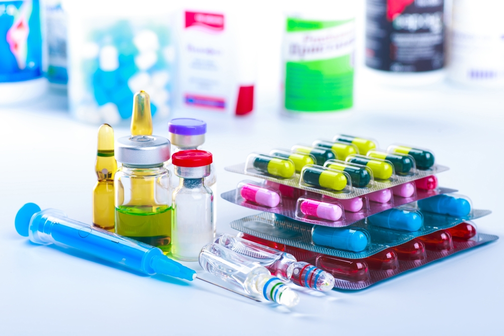 Drug prescription for treatment medication. Pharmaceutical medicament, cure in container for health. Pharmacy theme, capsule pills with medicine antibiotic in packages.

