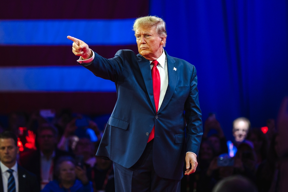 NATIONAL HARBOR, MD, USA- February 24, 2024: Donald Trump speaks at CPAC about his plan for defeating current President Joe Biden in November.
