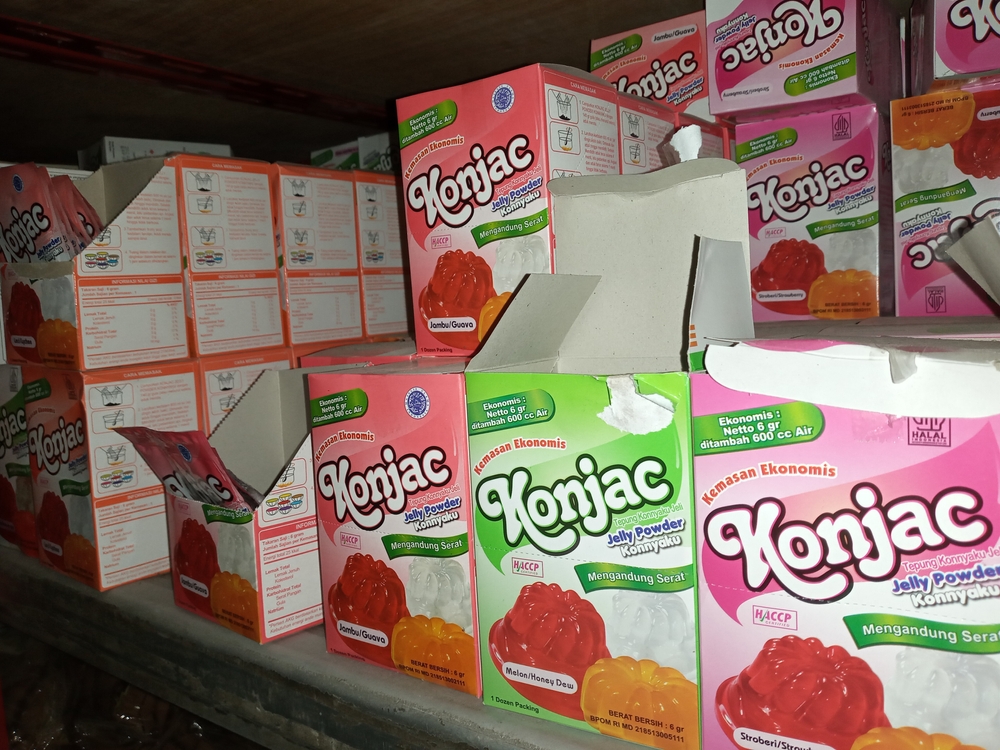 Sumenep, Indonesia, 28 December 2024. Konjac, Jelly powder konyaku brand with various flavour.